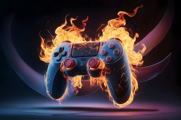 Realistic video game joystick with fire Burning gamepad