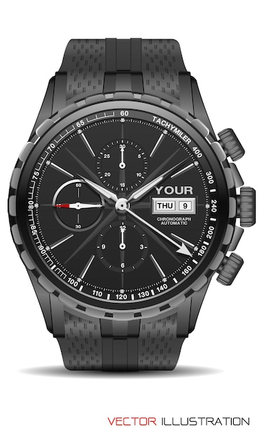 Realistic watch chronograph stainless steel black rubber clockwise fashion men design luxury vector