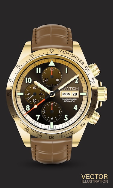 Realistic watch clock chronograph gold red arrow brown black white brown leather strap grey vector