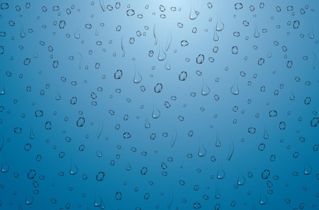 Realistic Water Drops on Blue Background. Vector Illustration.