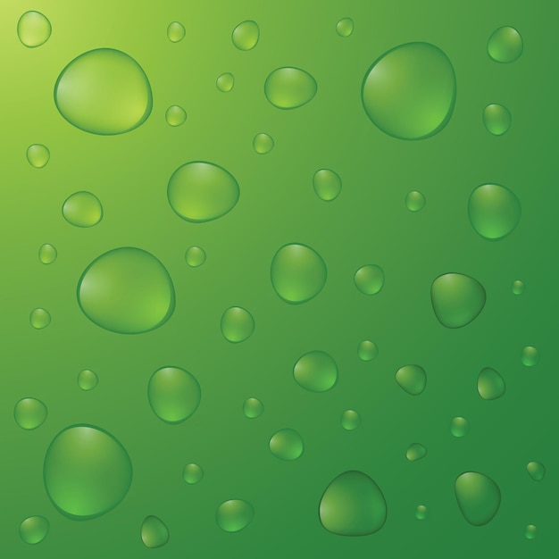 Realistic water drops on green background