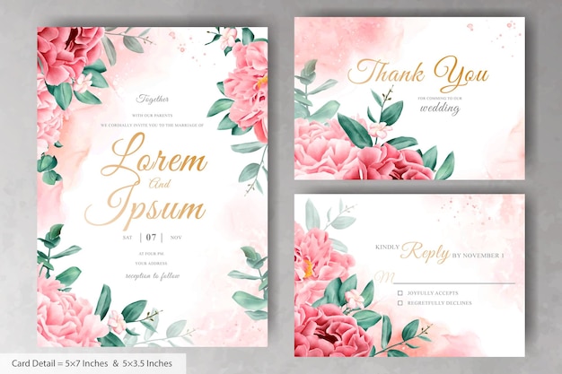 Realistic Watercolor Floral Wedding Invitation Card Template with Hand Drawn Flower and Leaves