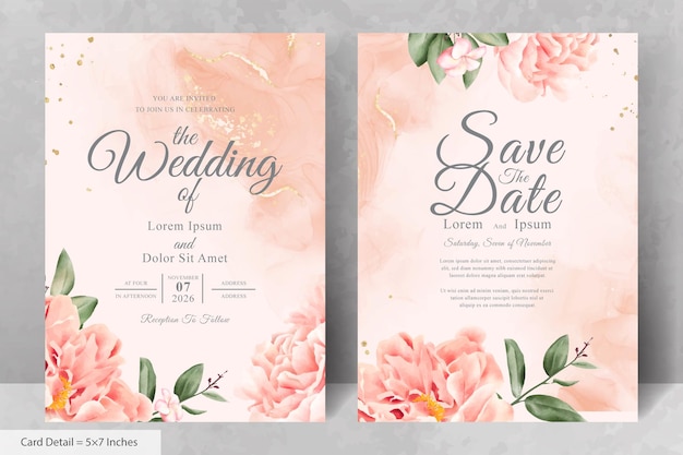 Realistic Watercolor Floral Wedding Invitation Card Template with Hand Drawn Flower and Leaves