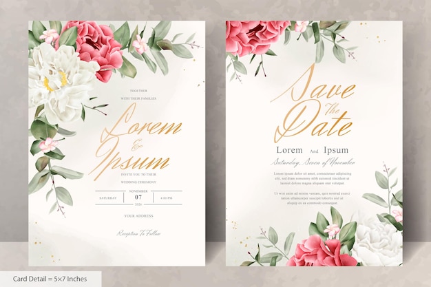 Realistic Watercolor Floral Wedding Invitation Card Template with Hand Drawn Flower and Leaves