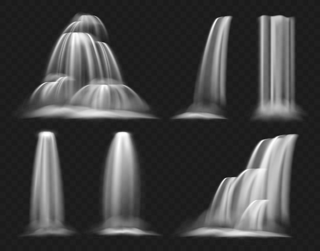 Realistic waterfall vector illustration set clear water stream of waterfall geyser or fountain falli