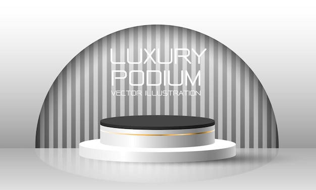 Vector realistic white black gold line 3d cylinder podium grey stripe semi circle background design vector