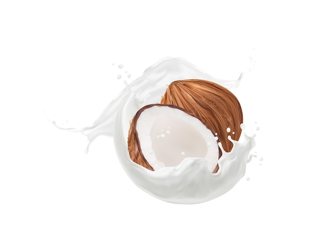 Vector realistic white coconut milk drink and round splash isolated 3d vector coco nut halves with fresh white liquid flow captured midair in motion evoking a sense of tropical delight and indulgence