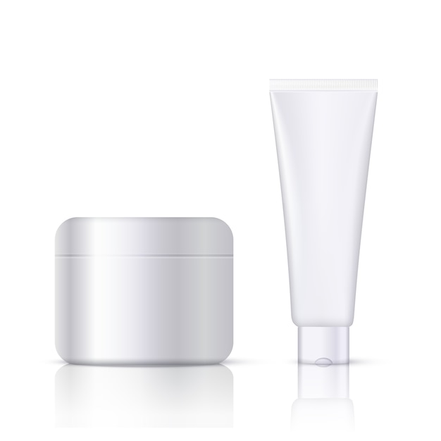 Realistic white cosmetic template with empty beauty product label and company logo place.