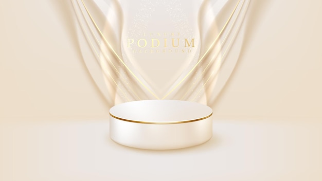 Realistic white display stand with golden curve lines scene, podium showing product for promotion sales and marketing. luxury style background. 3d vector illustration.