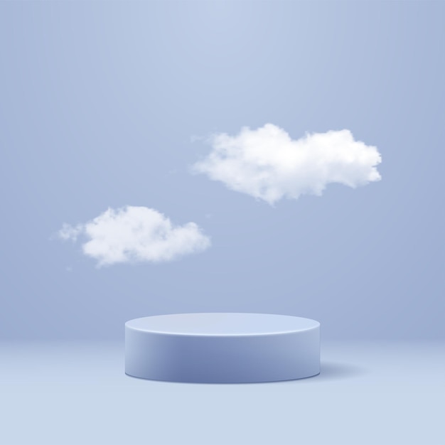 Realistic white fluffy clouds and product podium on blue background. Mock-up for your design. Vector illustration.