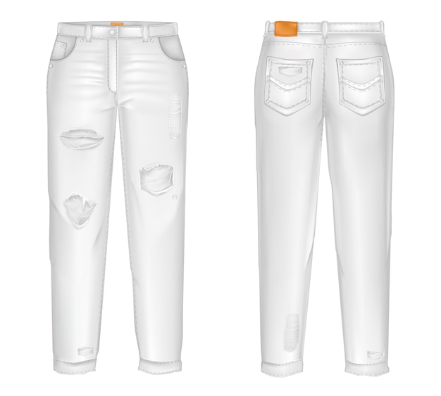 realistic white jeans with rips, gaps.