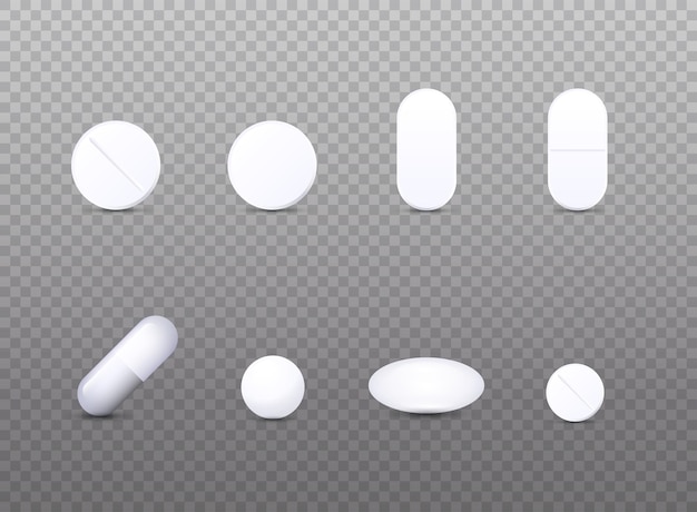 Realistic white medical pill icon set illustration