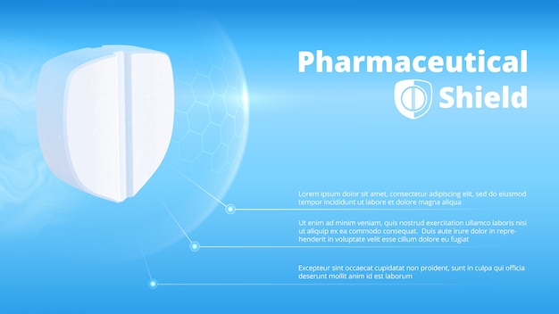 Realistic white pill in the form of shield. Template for healthcare pharmaceutical informative poster