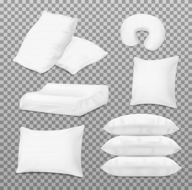 Vector realistic white pillows, orthopedic bed cushions