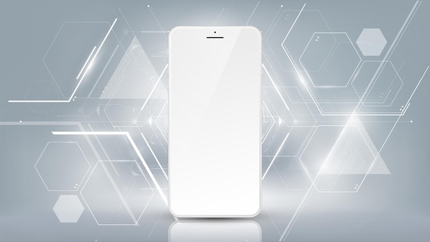 Realistic white smartphone mockup with futuristic technology concept mobile phone background