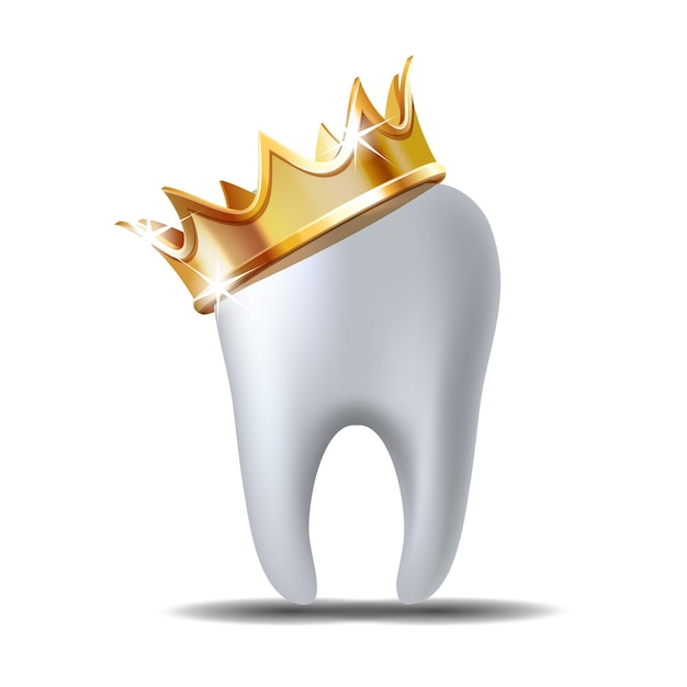 Realistic white Tooth in golden crown isolated on white