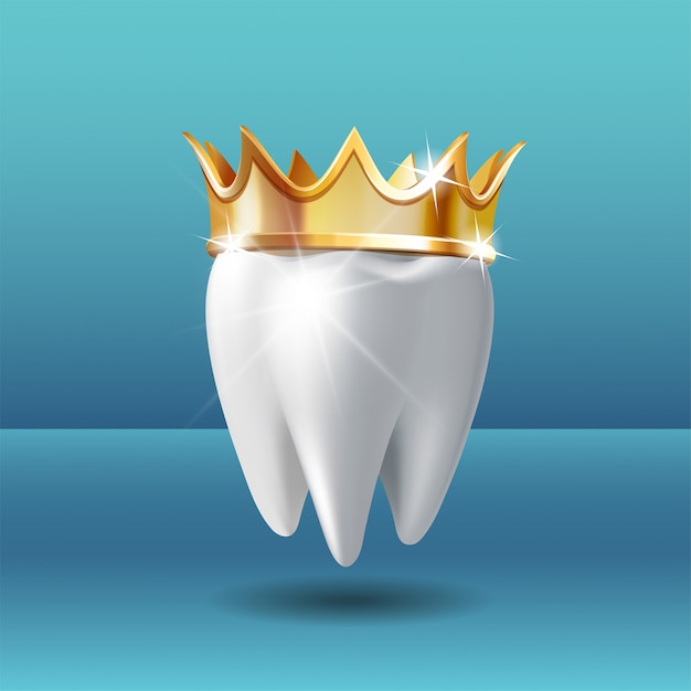 Realistic white Tooth in golden crown. Tooth care dental medical stomatology vector icon. 3D realistic .