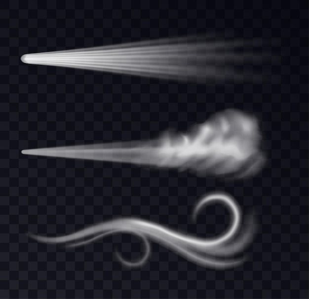 Vector realistic wind trails. dust spray and smoky stream, blowing flow curved shapes set. air fog or blast isolated, flying smoke. 3d vector illustration