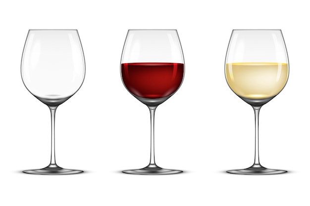 realistic wineglass set - empty, with white and red wine, isolated on white background.