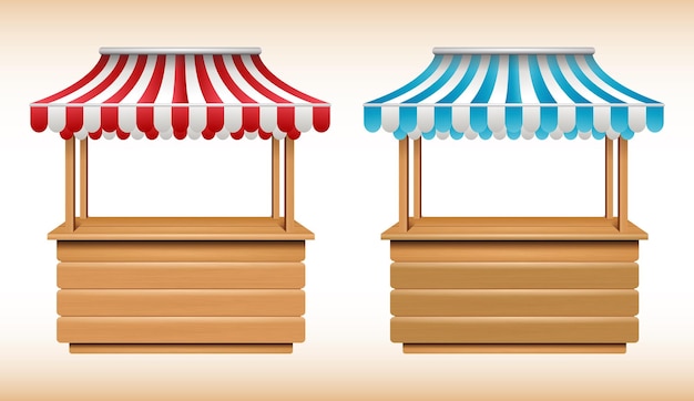 Realistic wooden canopy kiosk with red and white striped Market stall fair booth market stand