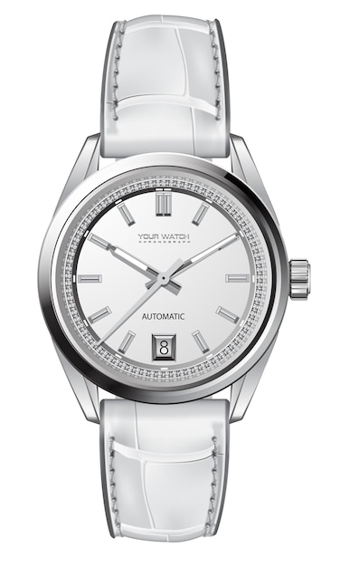 Vector realistic wristwatch in silver with diamonds around the dial gray arrows white leather strap