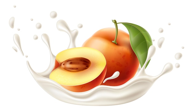 Realistic yogurt fruit splashes Whole or half peach Fermented milk drops and liquid burst Cream beverage splatters Dairy product taste Healthy food Vector natural nectarine pieces