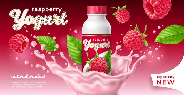 Vector realistic yogurt poster natural drinking fermented milk product with raspberries berry beverage in plastic bottle liquid splashes marketing banner advertising template utter vector concept