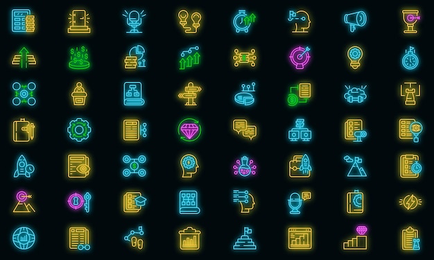 Realization icons set. Outline set of realization vector icons neon color on black