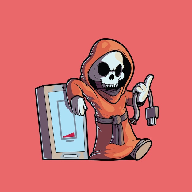 Reaper character holding a broken cable with a low battery phone vector illustration Tech concept