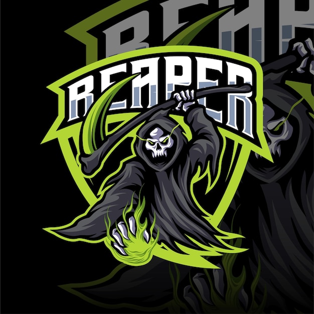 Reaper skull mascot logo with green fire design for sports or esports gaming team