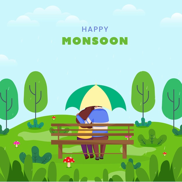 Rear View of Young Couple Sitting at Bench Under Umbrella on Nature Background for Happy Monsoon Concept