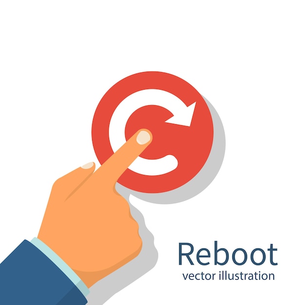 Reboot concept. Restarting technology. Hand to push big red button. Vector illustration flat design. Isolated on white background.