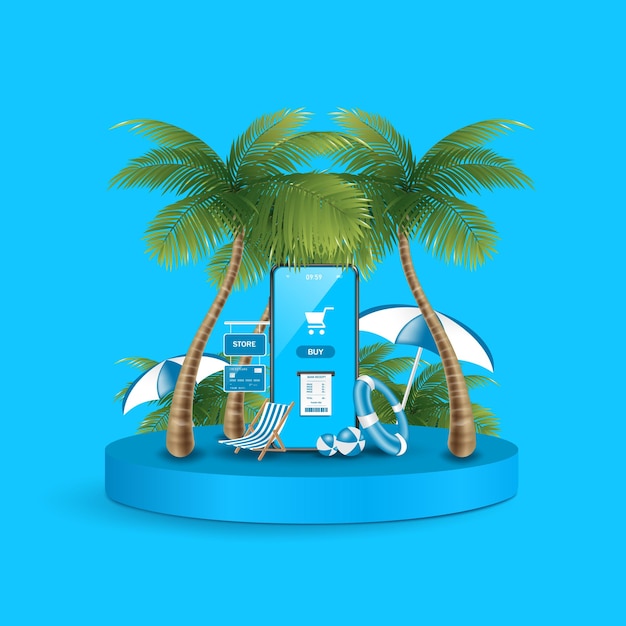 Receipt flows from the smartphone screen after pressing the online purchase button and there are coconut trees all around All were placed on a round podiumvector 3d for online shopping summer concept