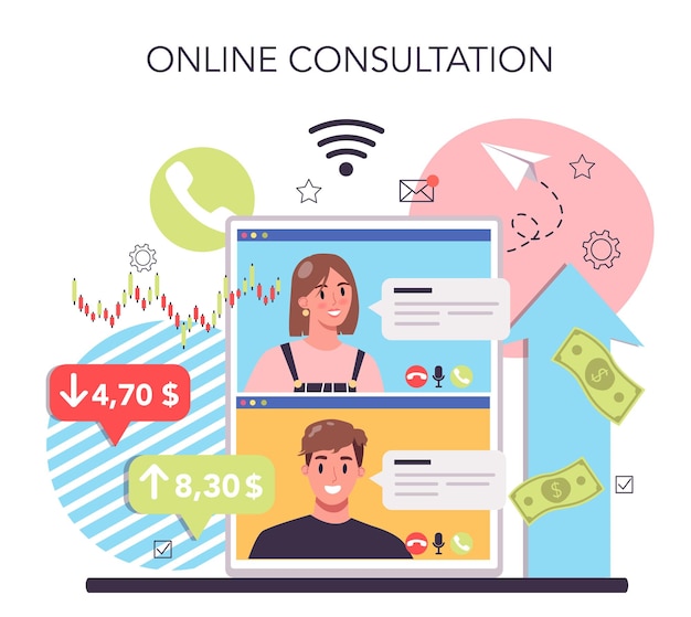 Receiving profit online service or platform Business success and financial growth Commerce activity Online consultation Flat vector illustration