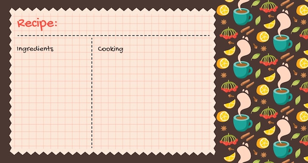 Recipe cards Culinary book blank pages pattern with hot drink lemons and spices