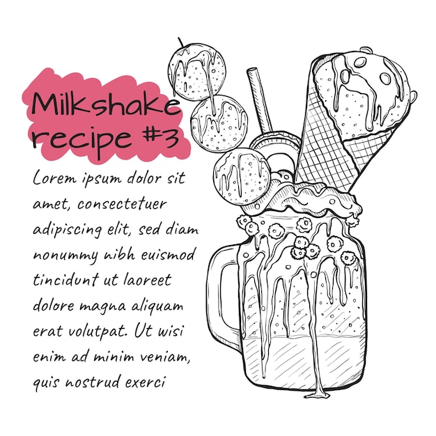 Vector recipe of milkshake, smoothie with cookies, ice cream, fruits and berries.