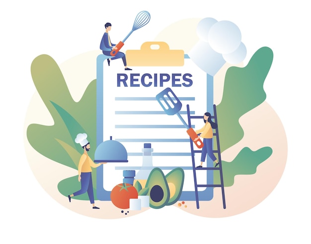 Recipes online Ingredients list concept Professional chef holding dish Tiny People read recipe book and ook in hef ap Modern flat cartoon style Vector illustration on white background