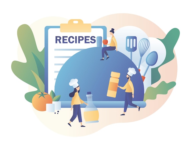 Recipes online Tiny people cook in hef cap Ingredients list concept Food blogging Modern flat cartoon style Vector illustration on white background