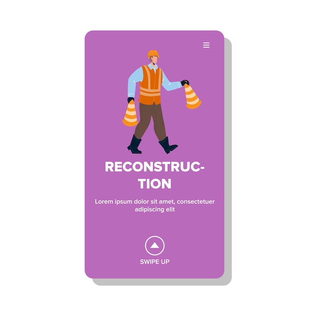 Reconstruction Occupation Man With Cones Vector. Builder Wearing Uniform And Protective Helmet Working On Build Reconstruction. Character With Attention Accessories Web Flat Cartoon Illustration