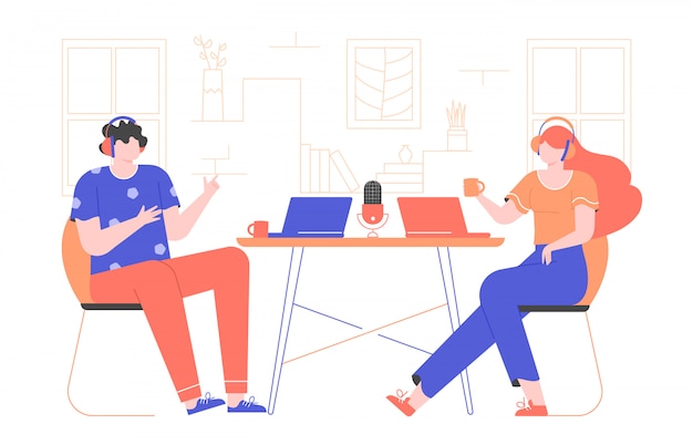 Record a podcast or tutorial webinar. Interview online. The guy and the girl are sitting are wearing headphones, laptops are on the table.  flat illustration with bright characters.