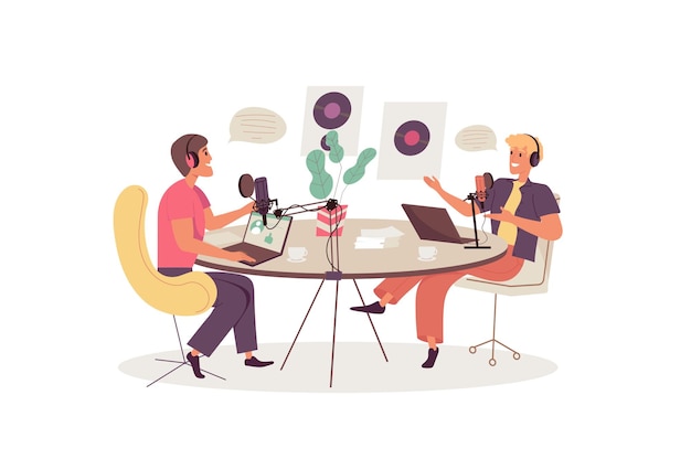 Recording audio podcast concept with people scene in the cartoon style Radio host records a podcast