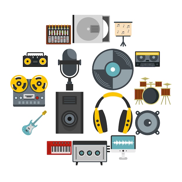 Recording studio items icons set in flat style