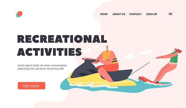 Vector recreational activities landing page template water ski extreme sports happy woman riding skis at ocean waves