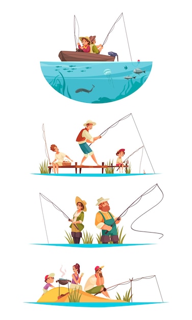 Recreational fishing 4 compositions with couple in boat family on beach angling catching cooking fish illustration