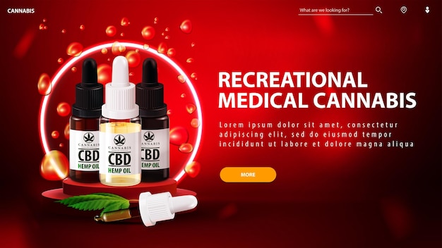 Recreational medical cannabis red banner for website with button podium with CBD oil bottles with pipette and neon ring on background