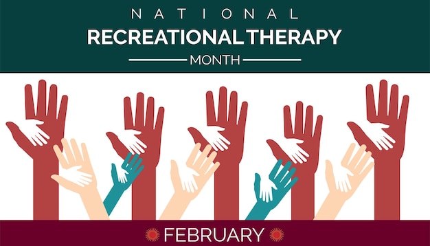 Recreational Therapy month is February with hands and Realistic ribbon Vector illustration