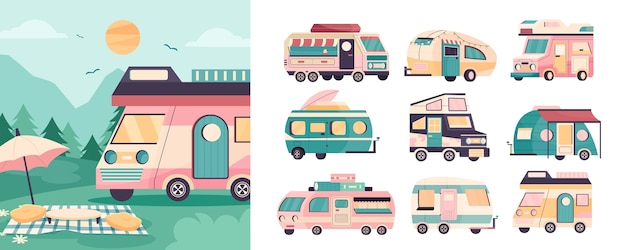 Recreational vehicle illustration and icons in flat design