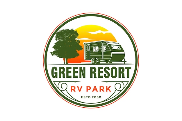 Recreational Vehicle logo design holiday journey traveler car trailer oak tree silhouette