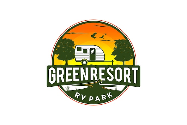 Recreational Vehicle logo design holiday journey traveler river lake car trailer oak tree silhouette