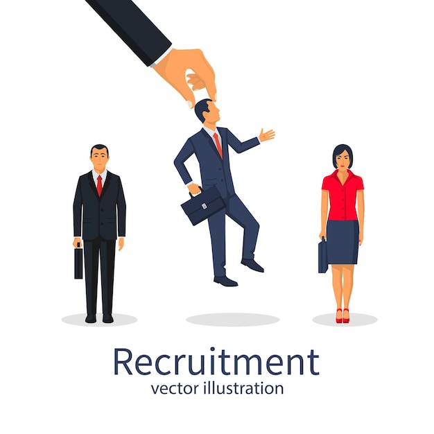 Recruitment concept. Businessman employer chose a man from the group of people candidates. Vector illustration flat design. For banner, presentation, social media, web page, posters. Human resources.